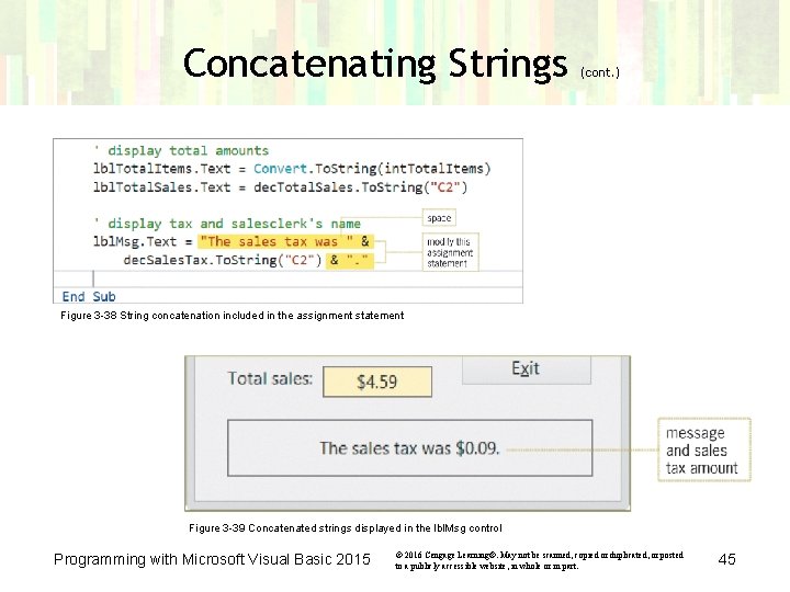 Concatenating Strings (cont. ) Figure 3 -38 String concatenation included in the assignment statement Concatenating Strings (cont. ) Figure 3 -38 String concatenation included in the assignment statement