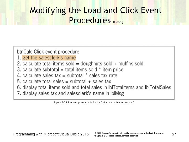 Modifying the Load and Click Event Procedures (Cont. ) Figure 3 -51 Revised pseudocode Modifying the Load and Click Event Procedures (Cont. ) Figure 3 -51 Revised pseudocode