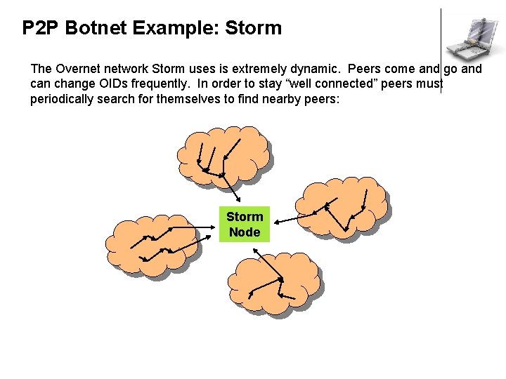 P 2 P Botnet Example: Storm The Overnet network Storm uses is extremely dynamic.