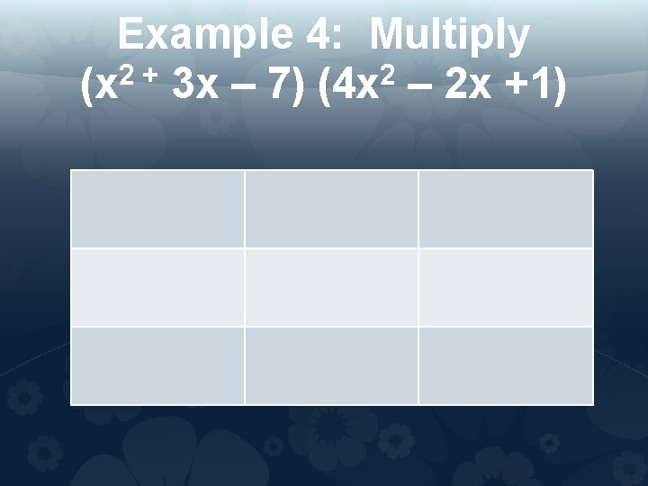 Example 4: Multiply 2 + 2 (x 3 x – 7) (4 x –