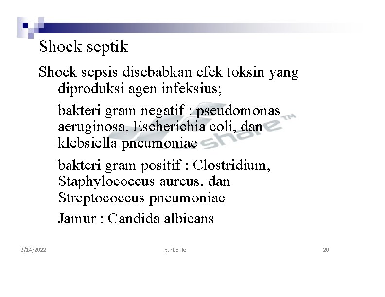 Shock septik Shock sepsis disebabkan efek toksin yang diproduksi agen infeksius; bakteri gram negatif