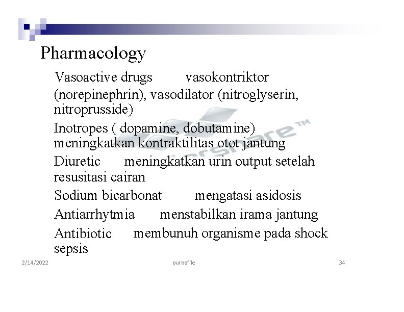 Pharmacology vasokontriktor Vasoactive drugs (norepinephrin), vasodilator (nitroglyserin, nitroprusside) Inotropes ( dopamine, dobutamine) meningkatkan kontraktilitas