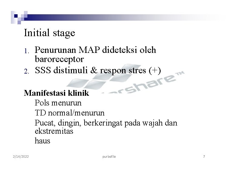 Initial stage 1. 2. Penurunan MAP dideteksi oleh baroreceptor SSS distimuli & respon stres