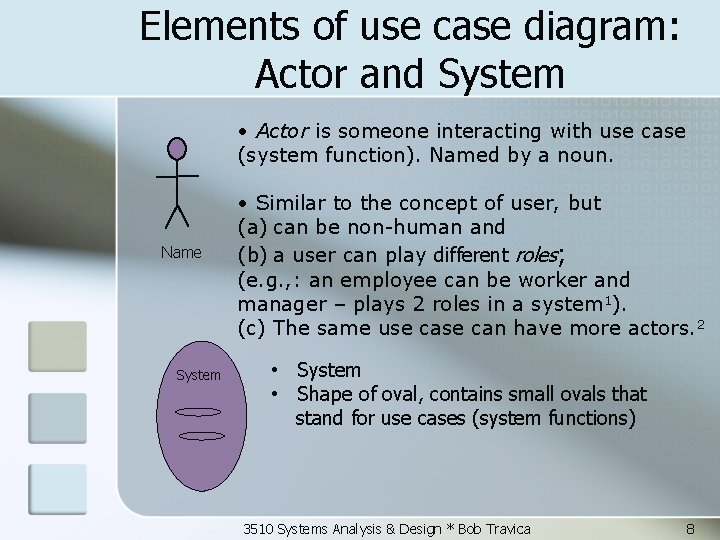 Elements of use case diagram: Actor and System • Actor is someone interacting with