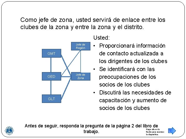 Como jefe de zona, usted servirá de enlace entre los clubes de la zona