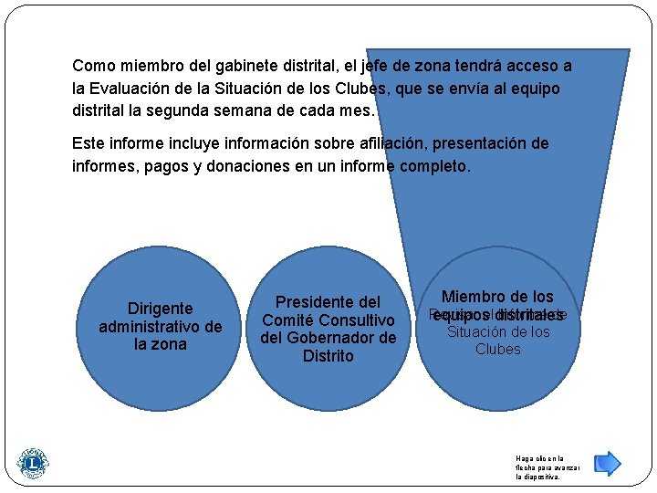 Como miembro del gabinete distrital, el jefe de zona tendrá acceso a la Evaluación