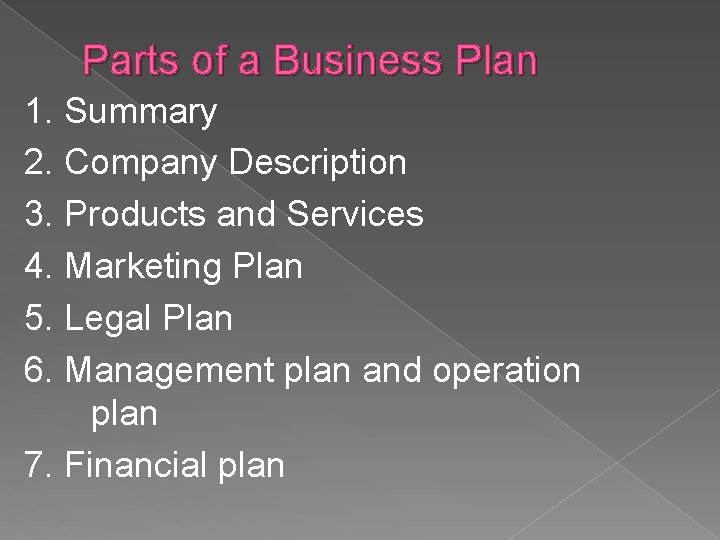Parts of a Business Plan 1. Summary 2. Company Description 3. Products and Services