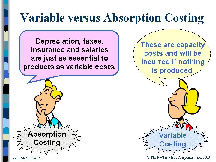 Variable versus Absorption Costing Depreciation, taxes, insurance and salaries are just as essential to
