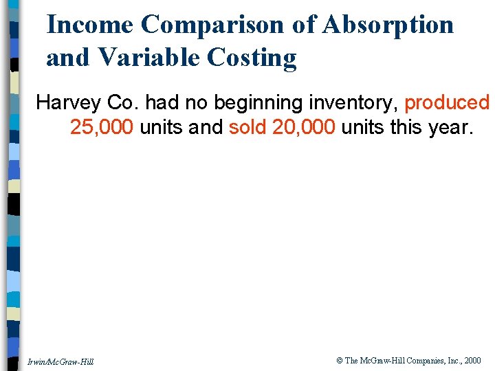 Income Comparison of Absorption and Variable Costing Harvey Co. had no beginning inventory, produced
