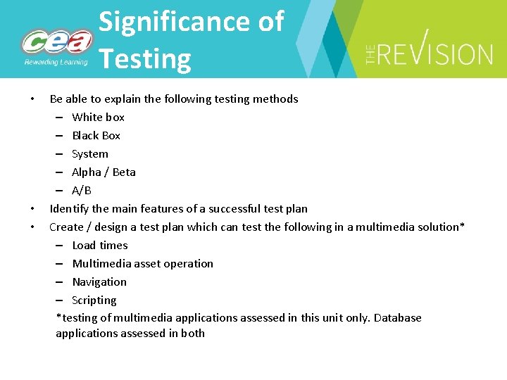 Significance of Testing • • • Be able to explain the following testing methods