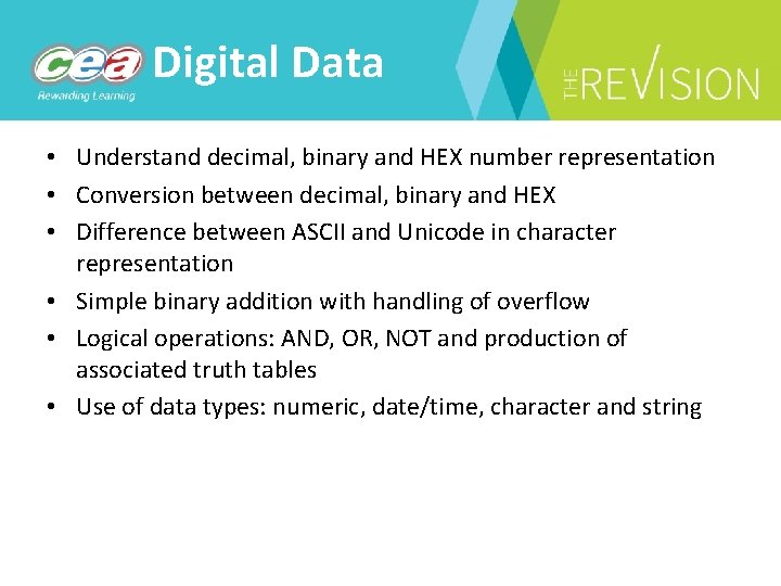 Digital Data • Understand decimal, binary and HEX number representation • Conversion between decimal,
