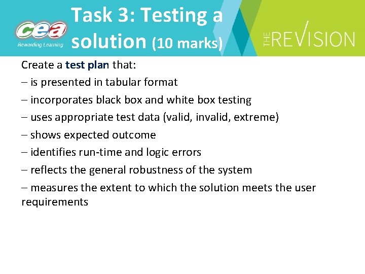 Task 3: Testing a solution (10 marks) Create a test plan that: – is