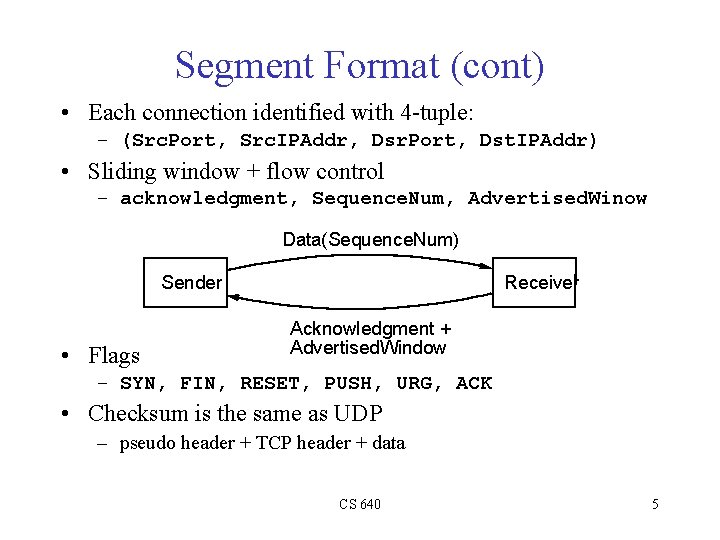 Segment Format (cont) • Each connection identified with 4 -tuple: – (Src. Port, Src.