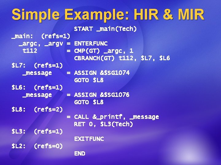 Simple Example: HIR & MIR START _main(Tech) _main: (refs=1) _argc, _argv = ENTERFUNC t