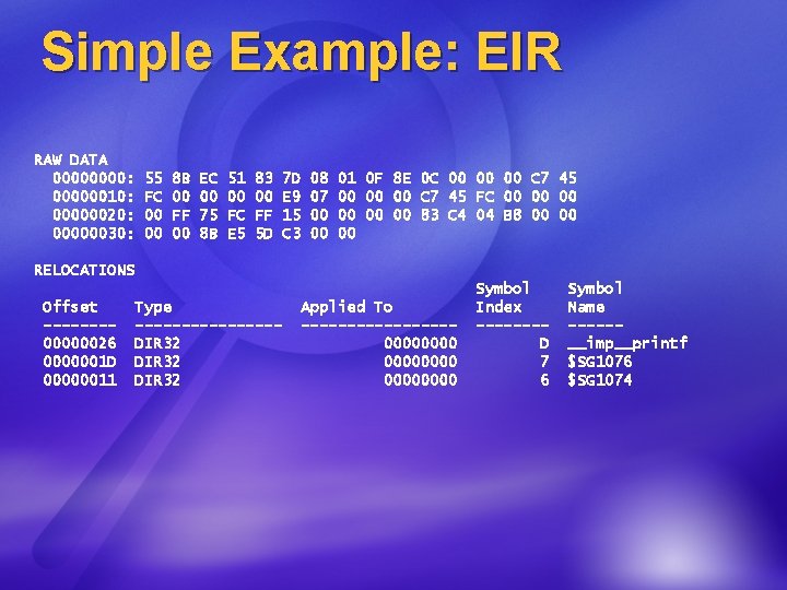 Simple Example: EIR RAW DATA 0000: 00000010: 00000020: 00000030: 55 FC 00 00 8