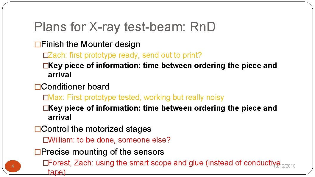 Plans for X-ray test-beam: Rn. D �Finish the Mounter design �Zach: first prototype ready,