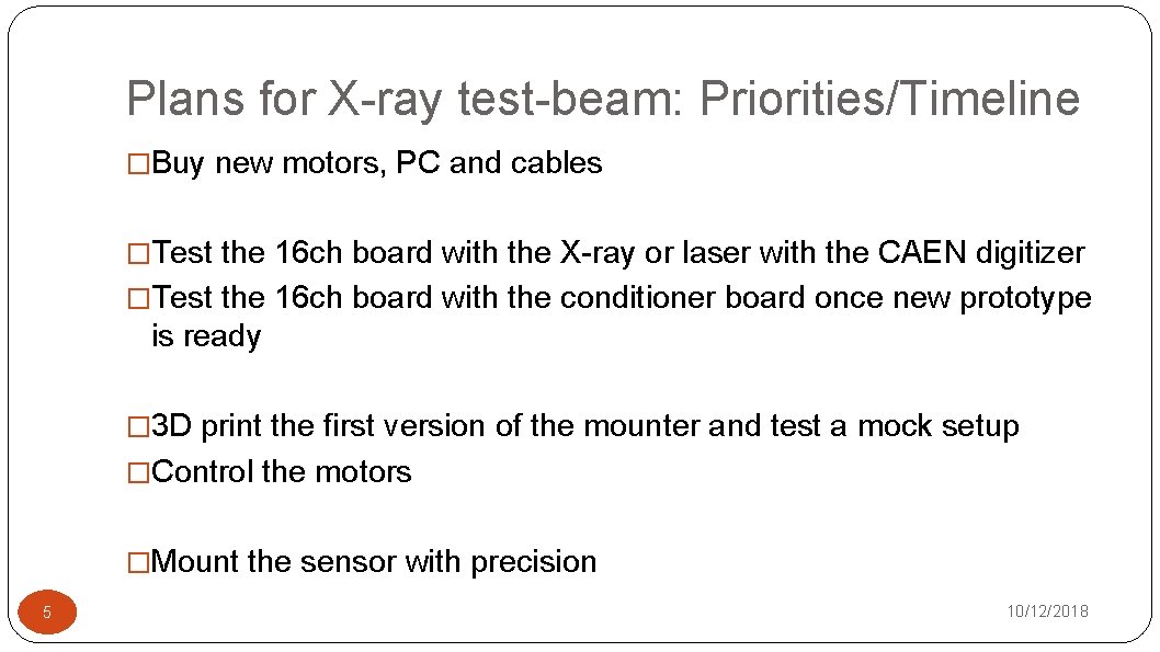 Plans for X-ray test-beam: Priorities/Timeline �Buy new motors, PC and cables �Test the 16