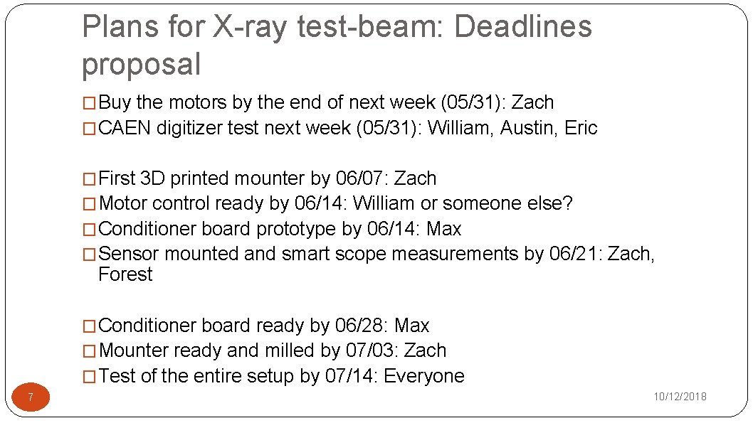 Plans for X-ray test-beam: Deadlines proposal �Buy the motors by the end of next