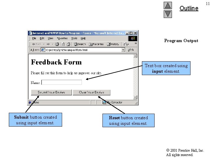 Outline Program Output Text box created using input element. Submit button created using input