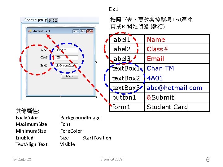 Ex 1 按照下表，更改各控制項Text屬性 再按F 5開始偵錯 (執行) 其他屬性: Back. Color Maximum. Size Minimum. Size Enabled