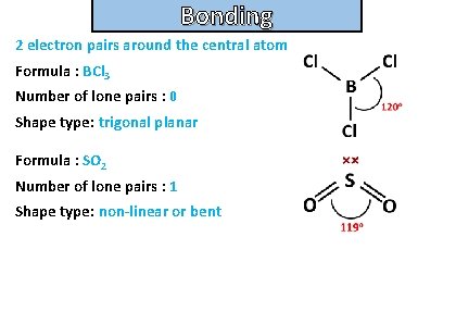 Bonding and structure 2 electron pairs around the central atom Formula : BCl 3