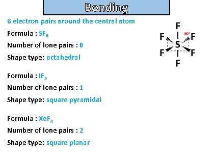 Bonding and structure 6 electron pairs around the central atom Formula : SF 6