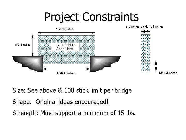 Project Constraints Size: See above & 100 stick limit per bridge Shape: Original ideas