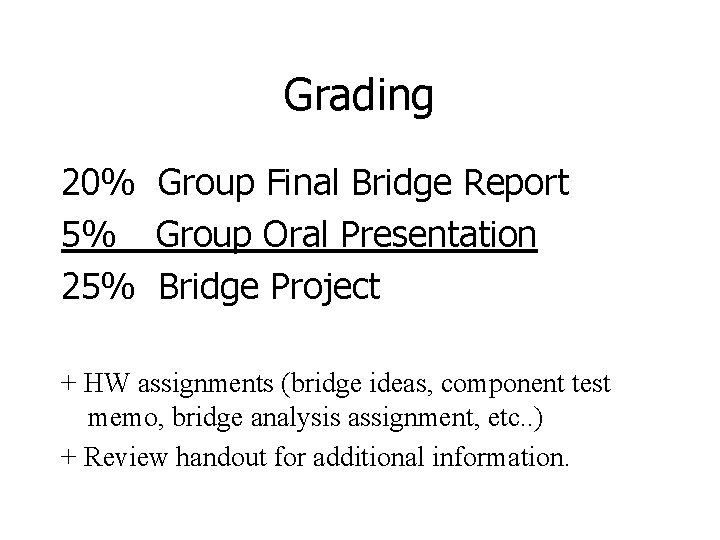 Grading 20% Group Final Bridge Report 5% Group Oral Presentation 25% Bridge Project +