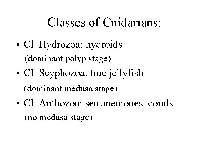 Classes of Cnidarians: • Cl. Hydrozoa: hydroids (dominant polyp stage) • Cl. Scyphozoa: true