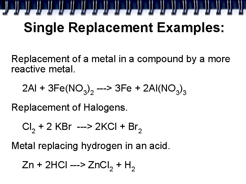 Single Replacement Examples: Replacement of a metal in a compound by a more reactive