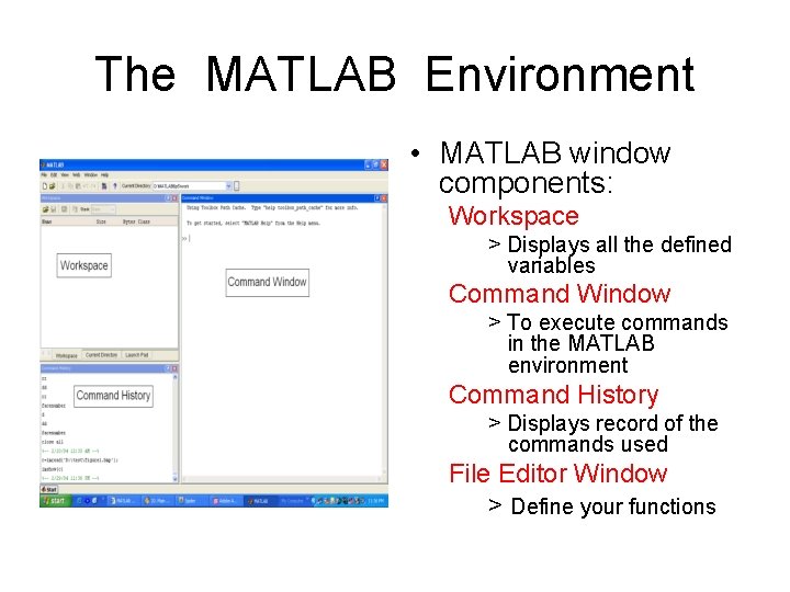 The MATLAB Environment • MATLAB window components: Workspace > Displays all the defined variables The MATLAB Environment • MATLAB window components: Workspace > Displays all the defined variables