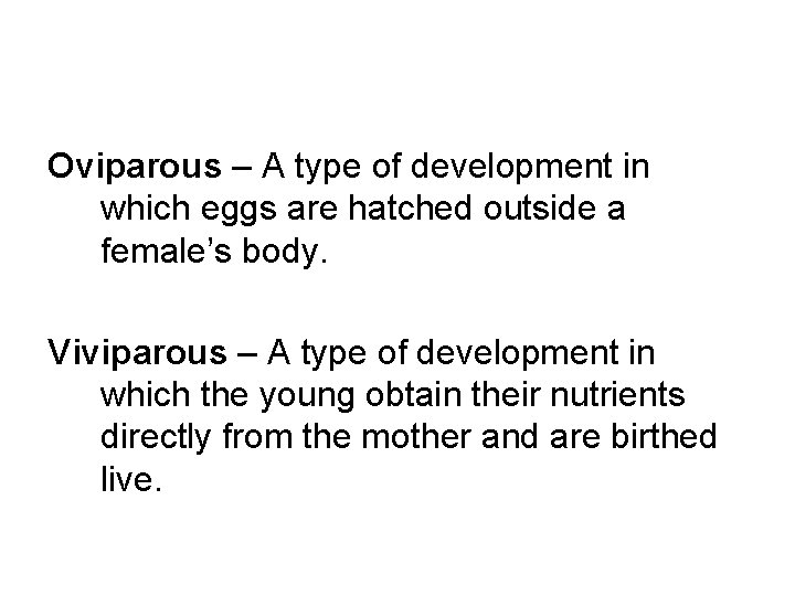 Oviparous – A type of development in which eggs are hatched outside a female’s