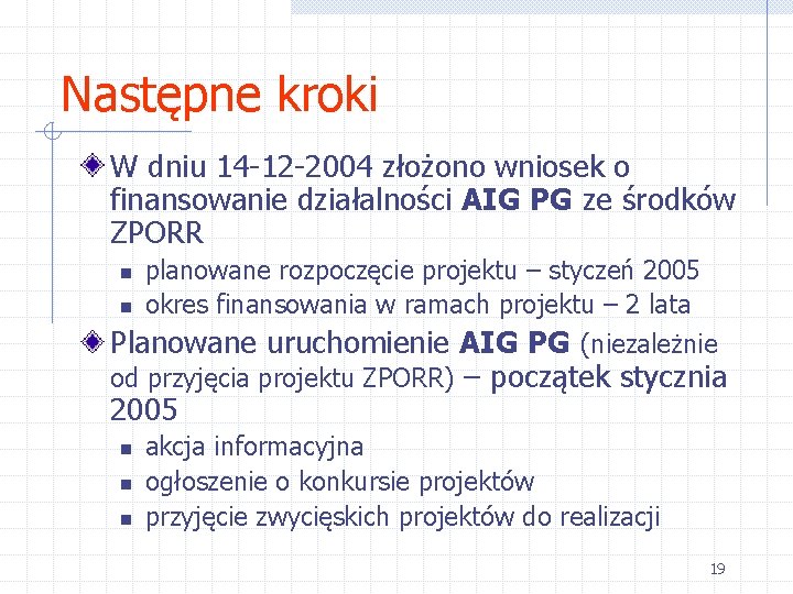 Następne kroki W dniu 14 -12 -2004 złożono wniosek o finansowanie działalności AIG PG