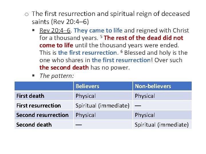 o The first resurrection and spiritual reign of deceased saints (Rev 20: 4– 6)