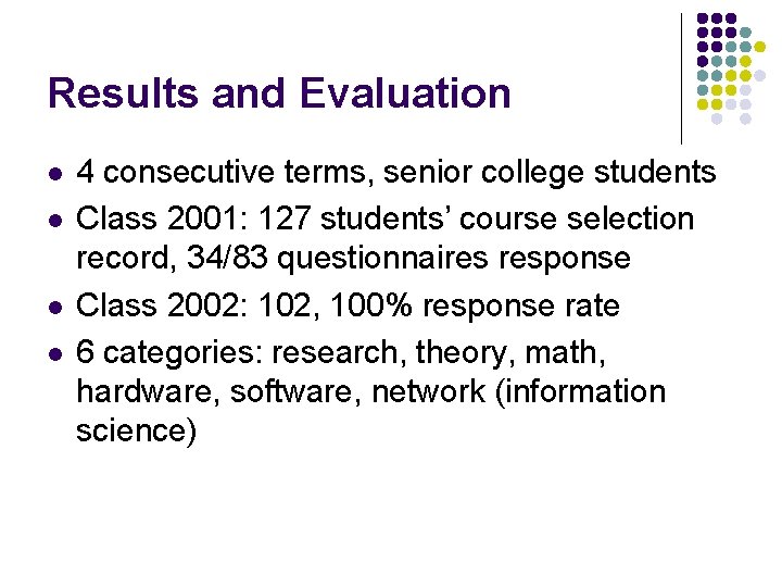 Results and Evaluation l l 4 consecutive terms, senior college students Class 2001: 127 Results and Evaluation l l 4 consecutive terms, senior college students Class 2001: 127