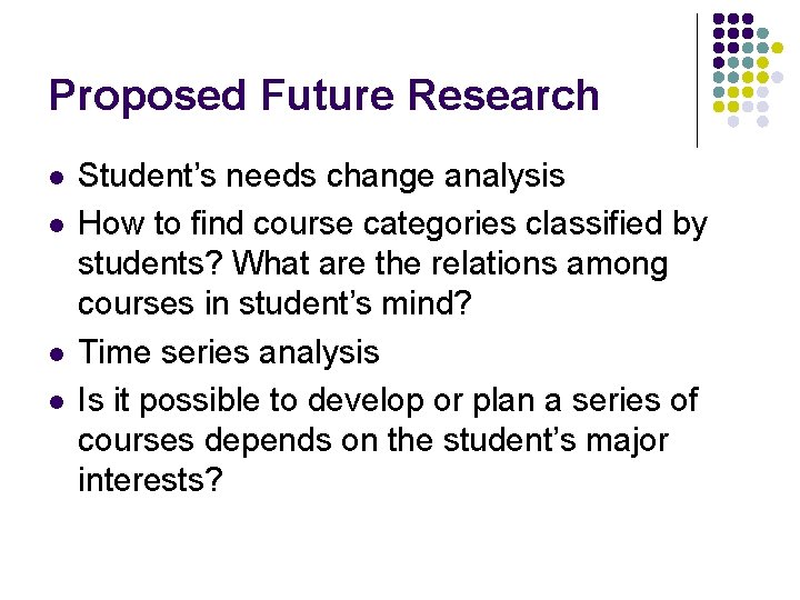 Proposed Future Research l l Student’s needs change analysis How to find course categories Proposed Future Research l l Student’s needs change analysis How to find course categories