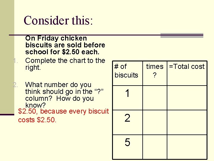 Consider this: On Friday chicken biscuits are sold before school for $2. 50 each.