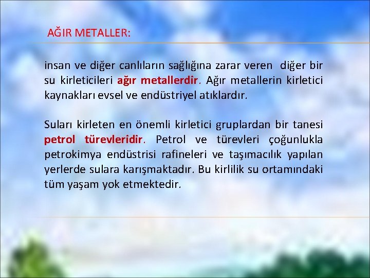 AĞIR METALLER: insan ve diğer canlıların sağlığına zarar veren diğer bir su kirleticileri ağır