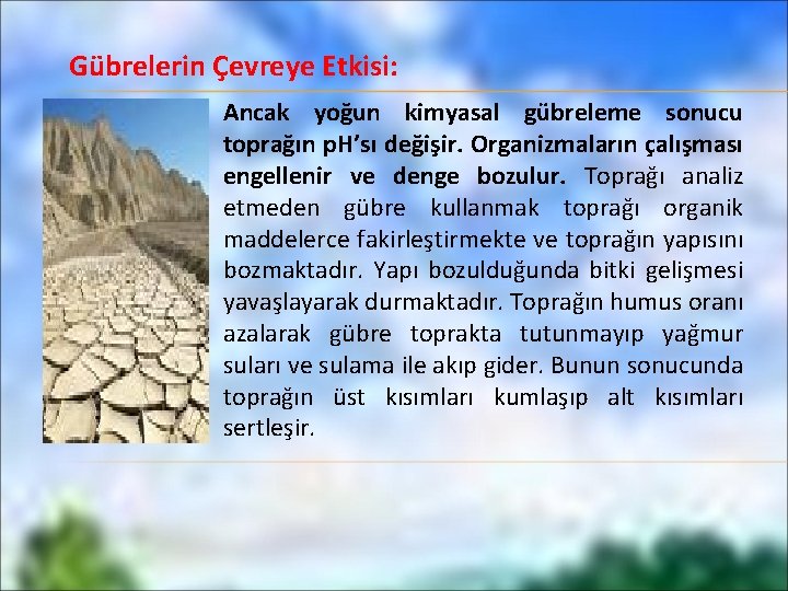 Gübrelerin Çevreye Etkisi: Ancak yoğun kimyasal gübreleme sonucu toprağın p. H’sı değişir. Organizmaların çalışması