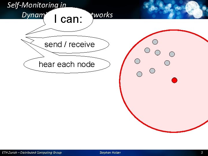 Self-Monitoring in Dynamic Wireless Networks I can: send / receive hear each node ETH