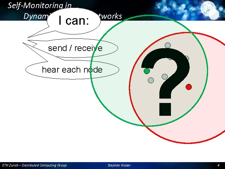 Self-Monitoring in Dynamic Wireless Networks I can: ? send / receive hear each node