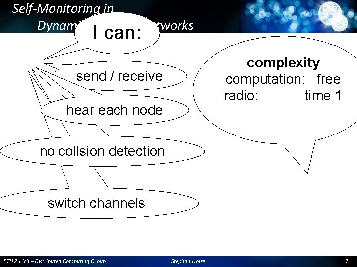 Self-Monitoring in Dynamic Wireless Networks I can: complexity computation: free radio: time 1 send