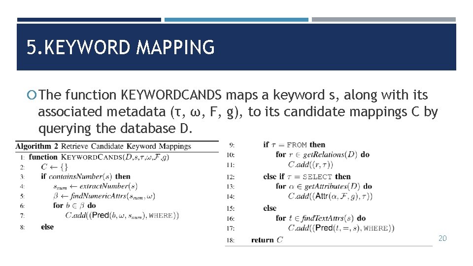 5. KEYWORD MAPPING The function KEYWORDCANDS maps a keyword s, along with its associated
