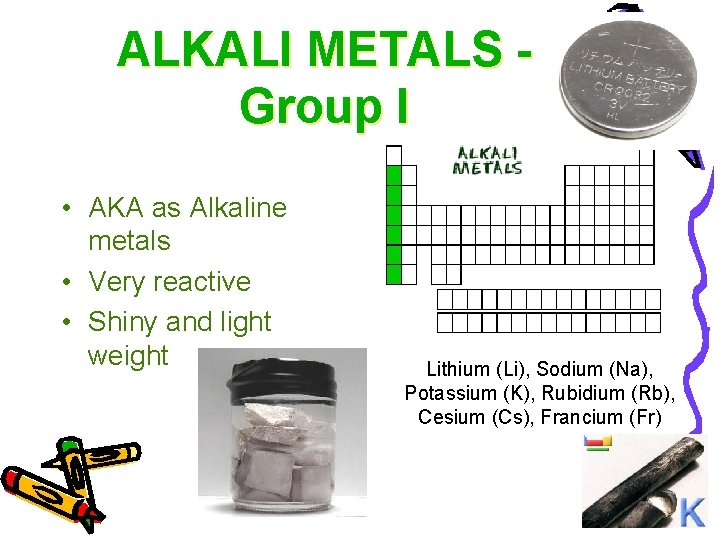 ALKALI METALS Group I • AKA as Alkaline metals • Very reactive • Shiny