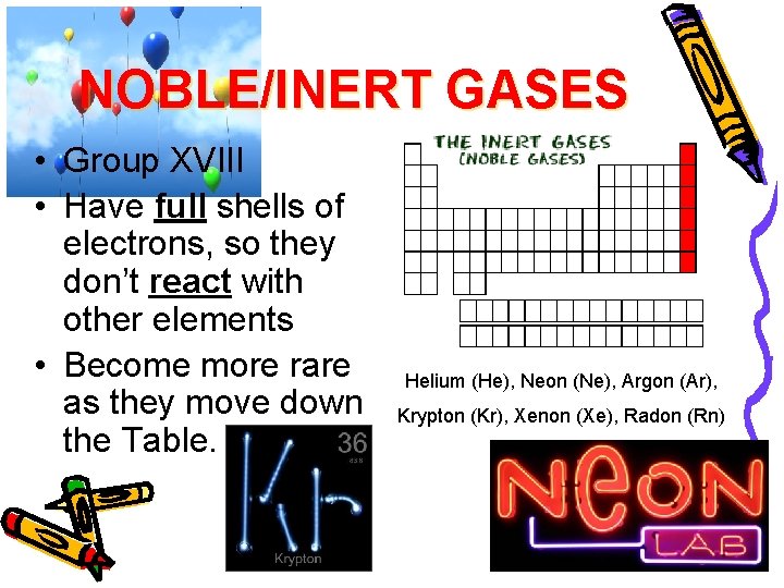 NOBLE/INERT GASES • Group XVIII • Have full shells of electrons, so they don’t