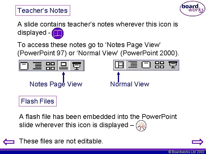 Teacher’s Notes A slide contains teacher’s notes wherever this icon is displayed To access