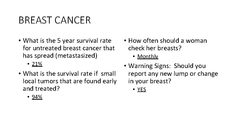 BREAST CANCER • What is the 5 year survival rate for untreated breast cancer