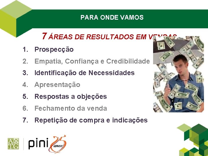 PARA ONDE VAMOS 7 ÁREAS DE RESULTADOS EM VENDAS 1. Prospecção 2. Empatia, Confiança