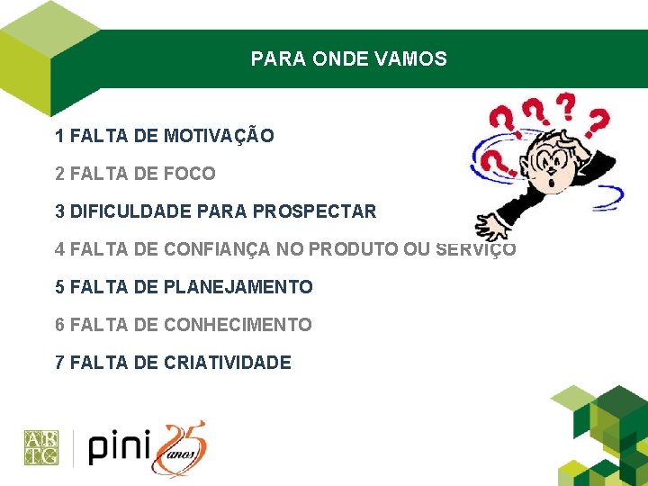 PARA ONDE VAMOS 1 FALTA DE MOTIVAÇÃO 2 FALTA DE FOCO 3 DIFICULDADE PARA