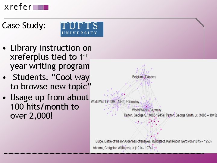 Case Study: • Library instruction on xreferplus tied to 1 st year writing program